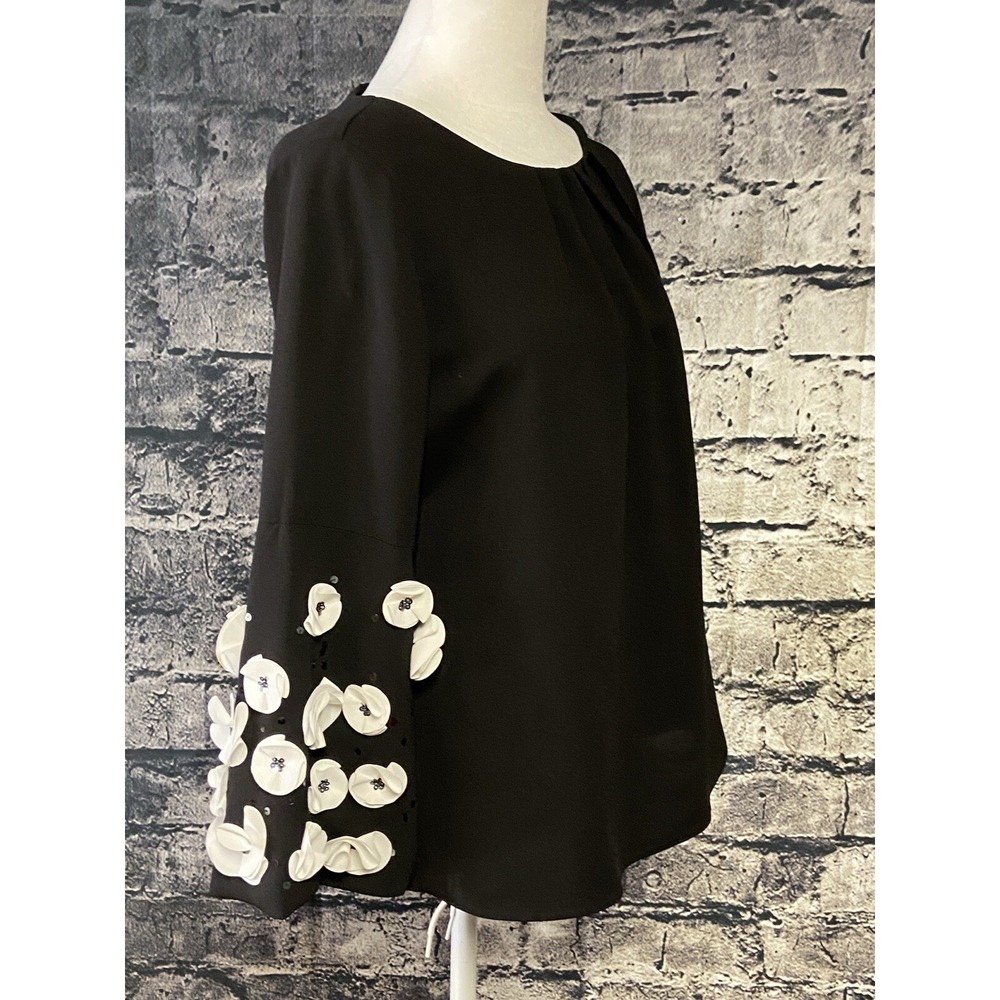 Alfani Blouse Womens Petite S Black Beaded Floral Bell Sleeve Embellished Top - Picture 2 of 12